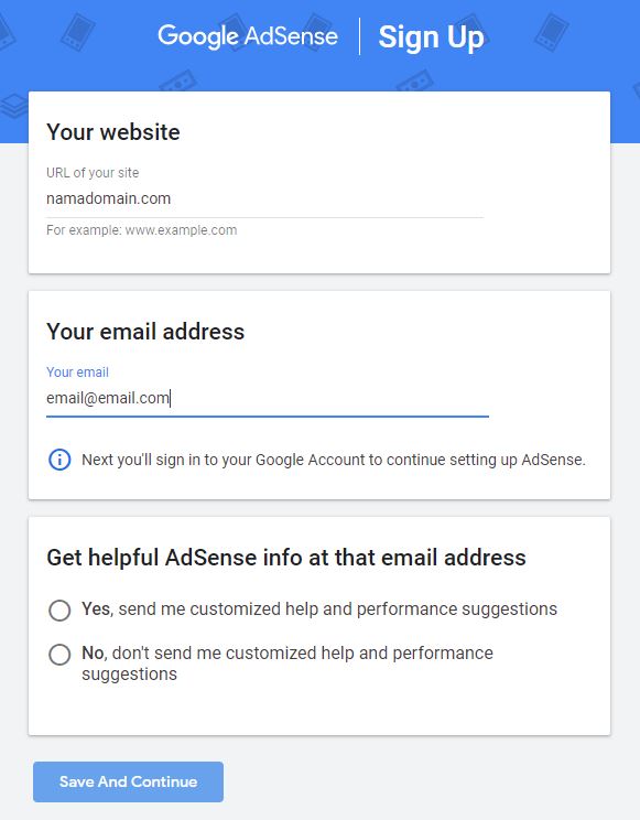 Masukkan website dan email ke adsense.google.com