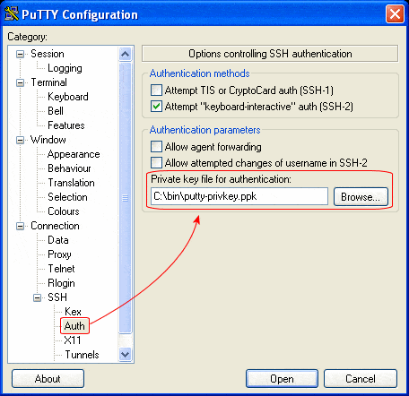 Connection - SSH - Auth - Browse ppk key