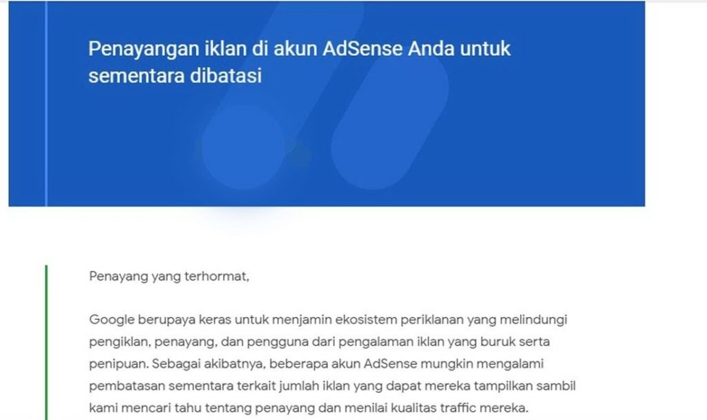 Email Penayangan iklan AdSense sementara dibatasi