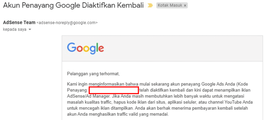 Email akun penayang Google diaktifkan kembali