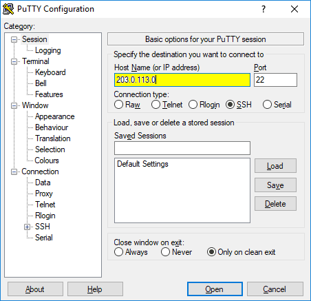 Memasukkan alamat IP host-server pada PuTTY